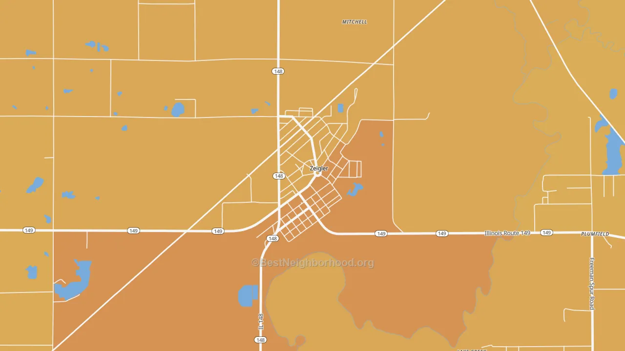 Map of the best neighborhoods in the 62999 area, with better matches in green and worse matches in red