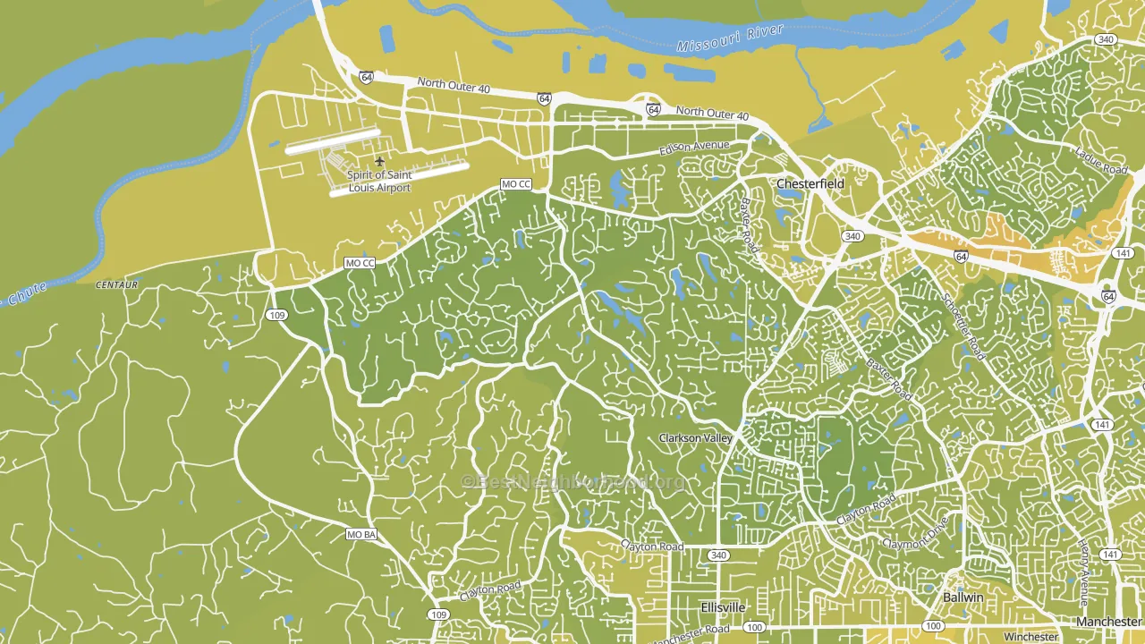 Map of the best neighborhoods in the 63005 area, with better matches in green and worse matches in red