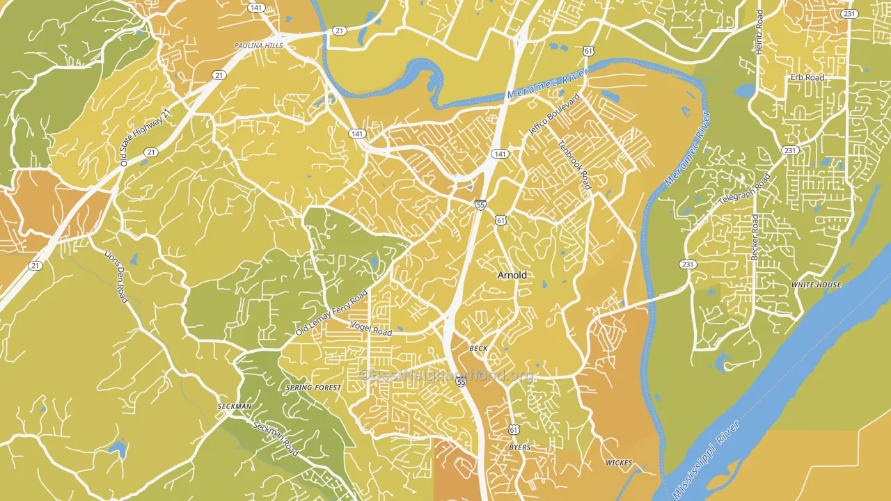 Map of the best neighborhoods in the 63010 area, with better matches in green and worse matches in red