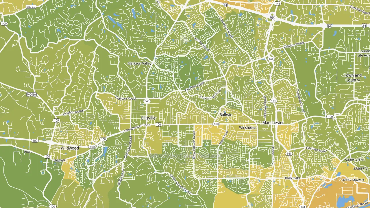 Map of the best neighborhoods in the 63011 area, with better matches in green and worse matches in red