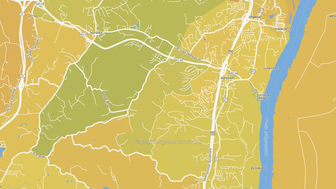Map of the best neighborhoods in the 63012 area, with better matches in green and worse matches in red