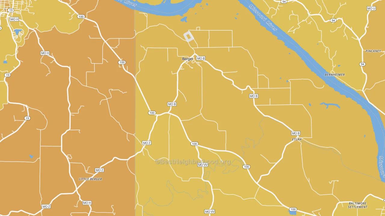 Map of the best neighborhoods in the 63014 area, with better matches in green and worse matches in red