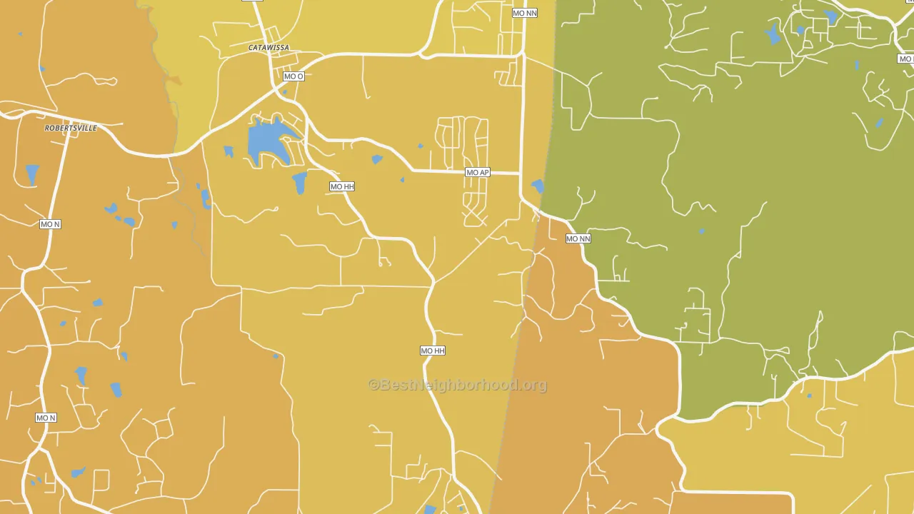 Map of the best neighborhoods in the 63015 area, with better matches in green and worse matches in red
