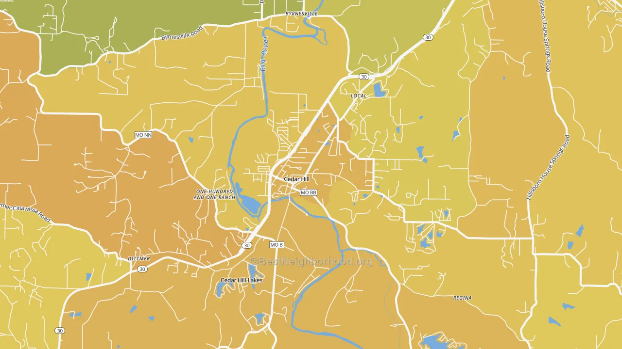 Map of the best neighborhoods in the 63016 area, with better matches in green and worse matches in red