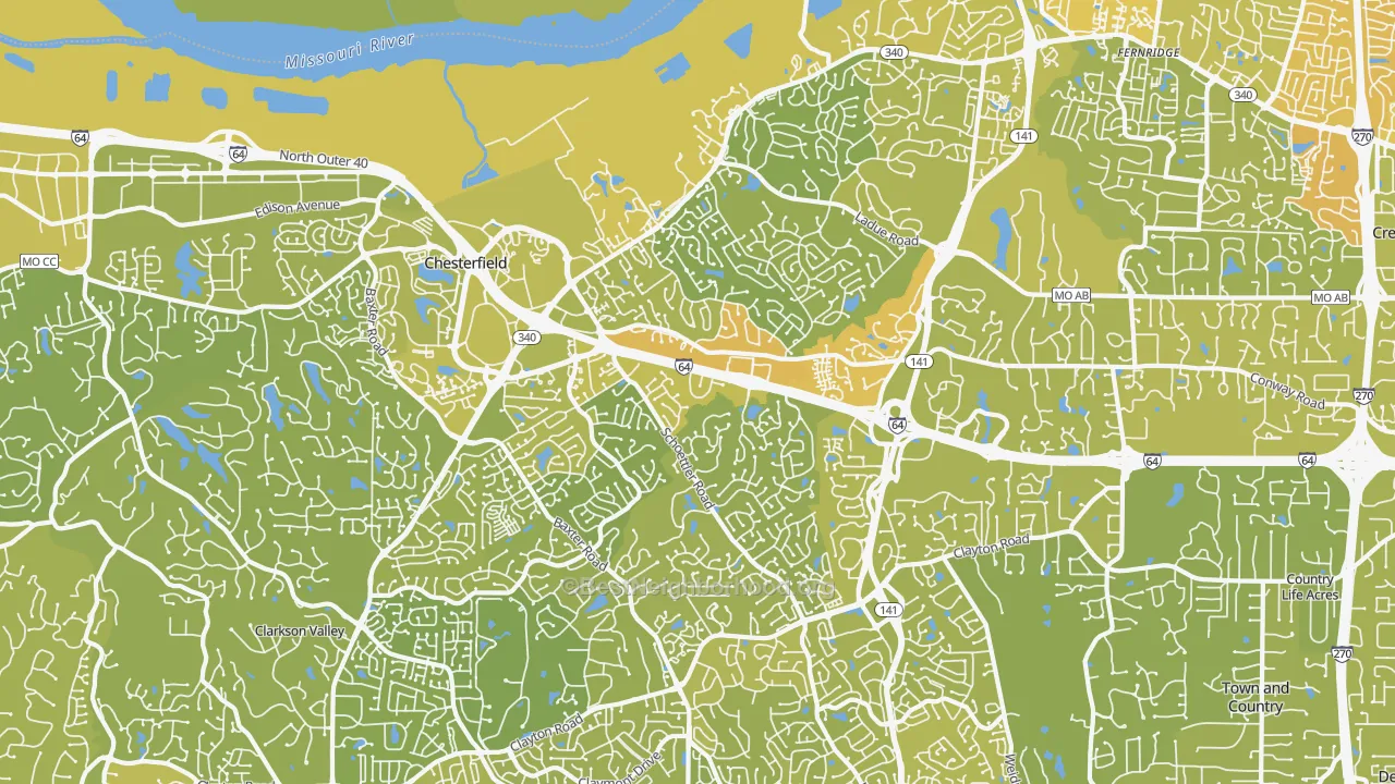 Map of the best neighborhoods in the 63017 area, with better matches in green and worse matches in red