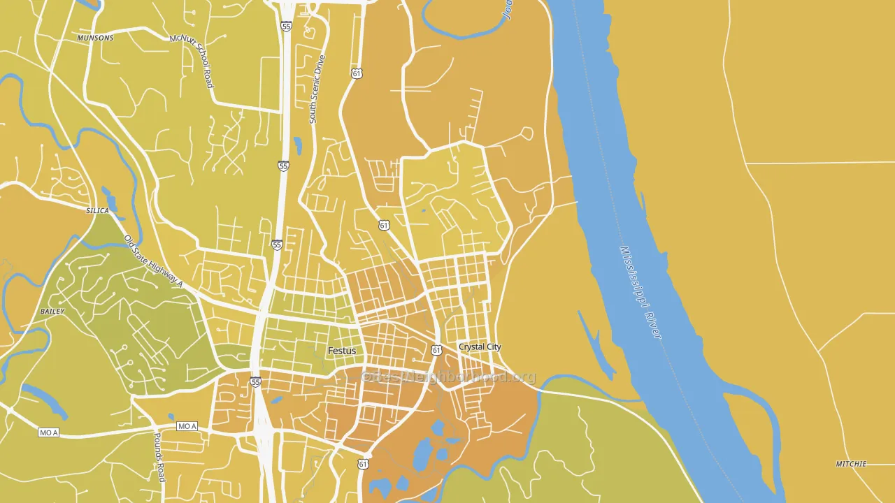 Map of the best neighborhoods in the 63019 area, with better matches in green and worse matches in red