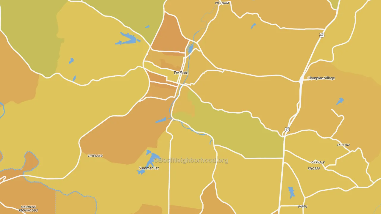 Map of the best neighborhoods in the 63020 area, with better matches in green and worse matches in red