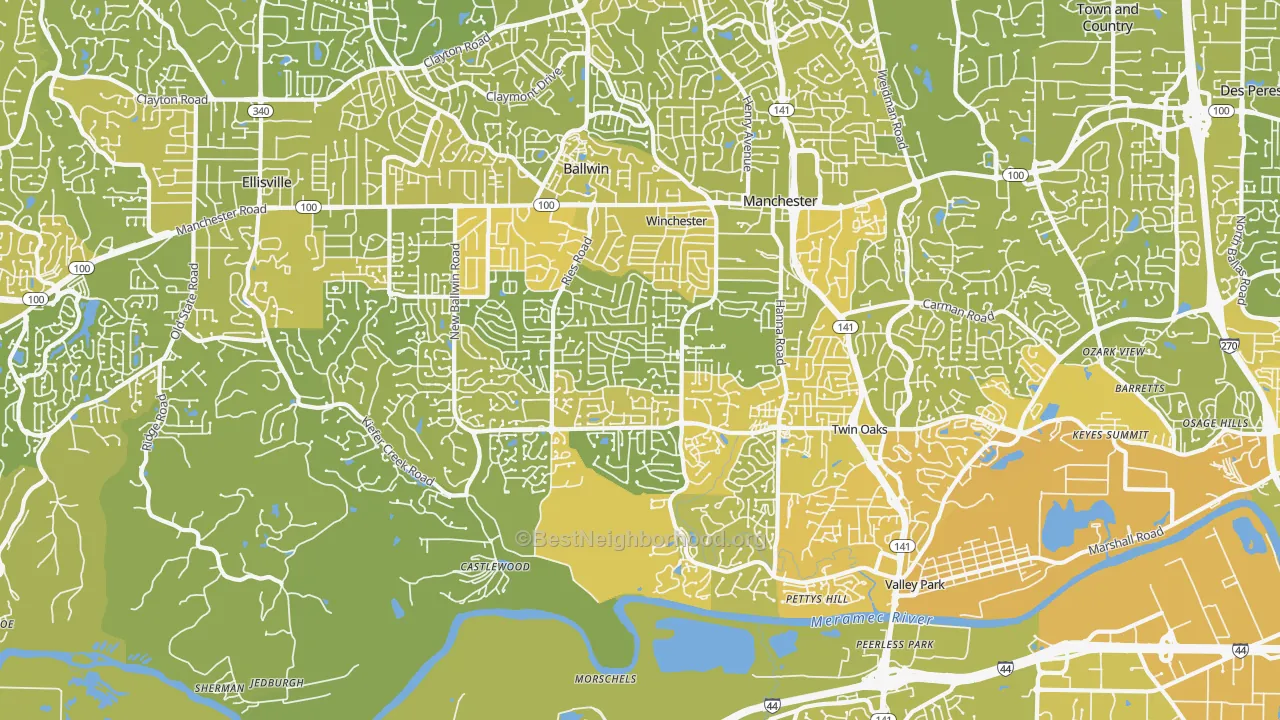 Map of the best neighborhoods in the 63021 area, with better matches in green and worse matches in red