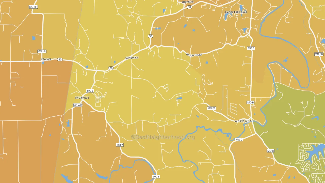 Map of the best neighborhoods in the 63023 area, with better matches in green and worse matches in red