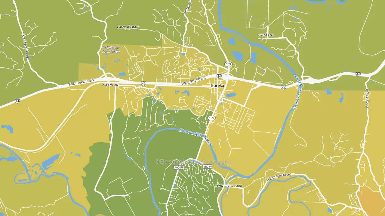 Map of the best neighborhoods in the 63025 area, with better matches in green and worse matches in red