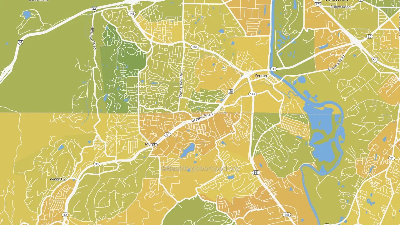 Map of the best neighborhoods in the 63026 area, with better matches in green and worse matches in red