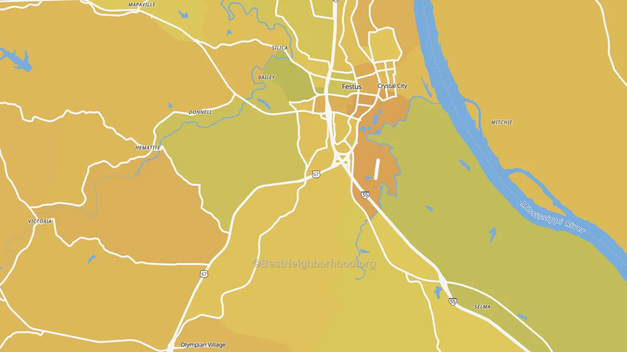 Map of the best neighborhoods in the 63028 area, with better matches in green and worse matches in red