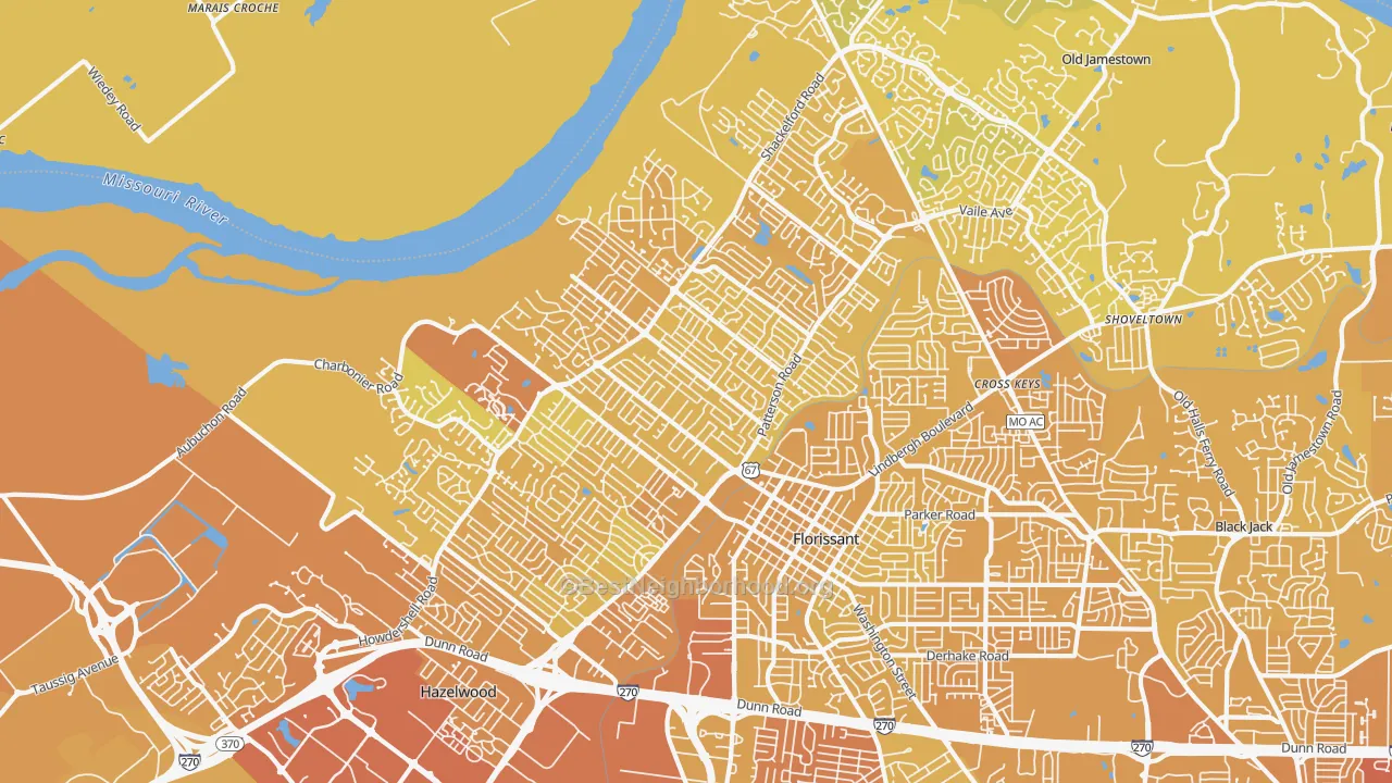 Map of the best neighborhoods in the 63031 area, with better matches in green and worse matches in red