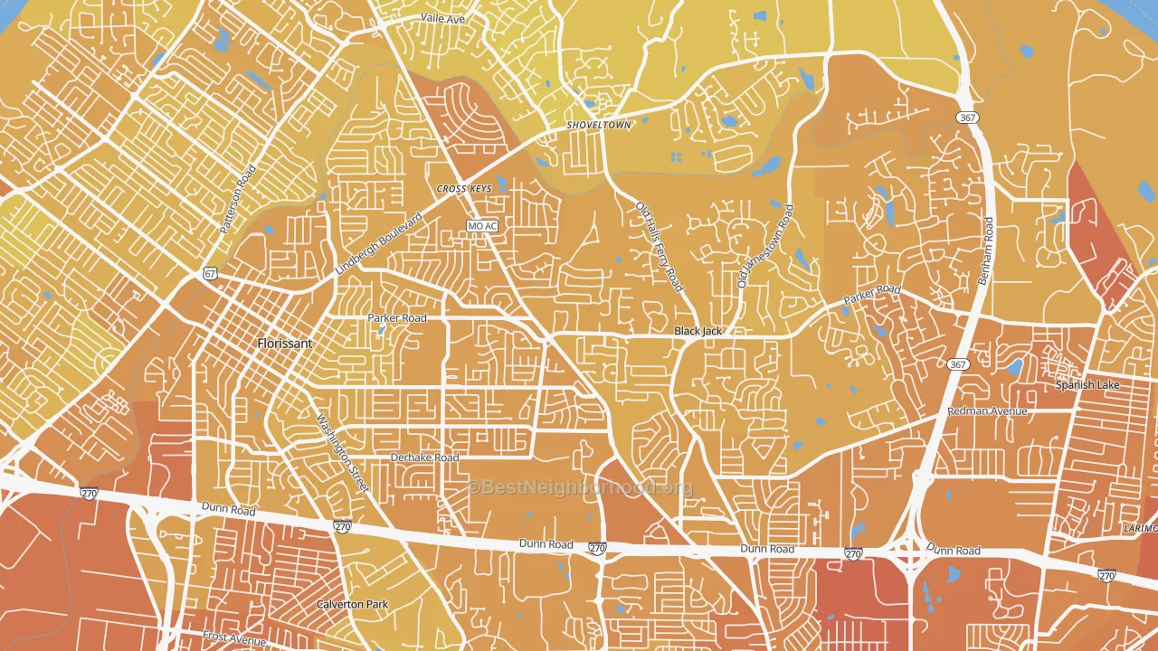 Map of the best neighborhoods in the 63033 area, with better matches in green and worse matches in red