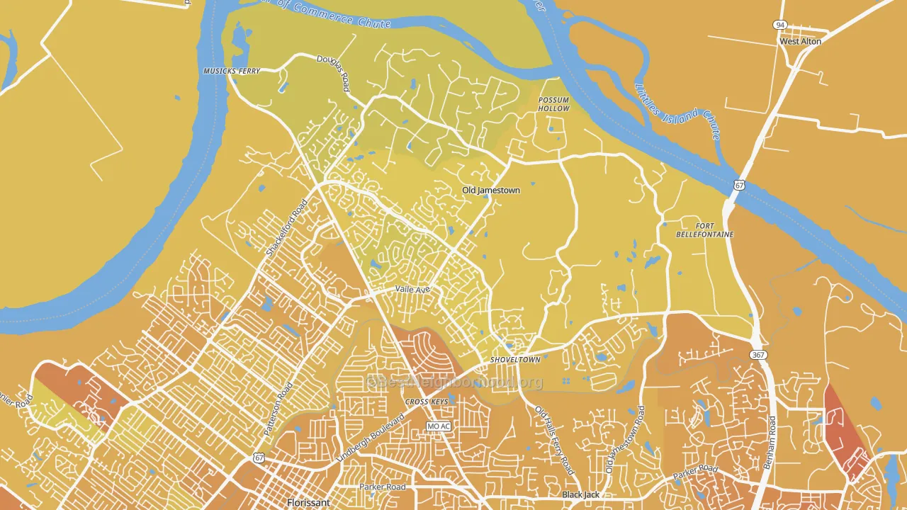 Map of the best neighborhoods in the 63034 area, with better matches in green and worse matches in red