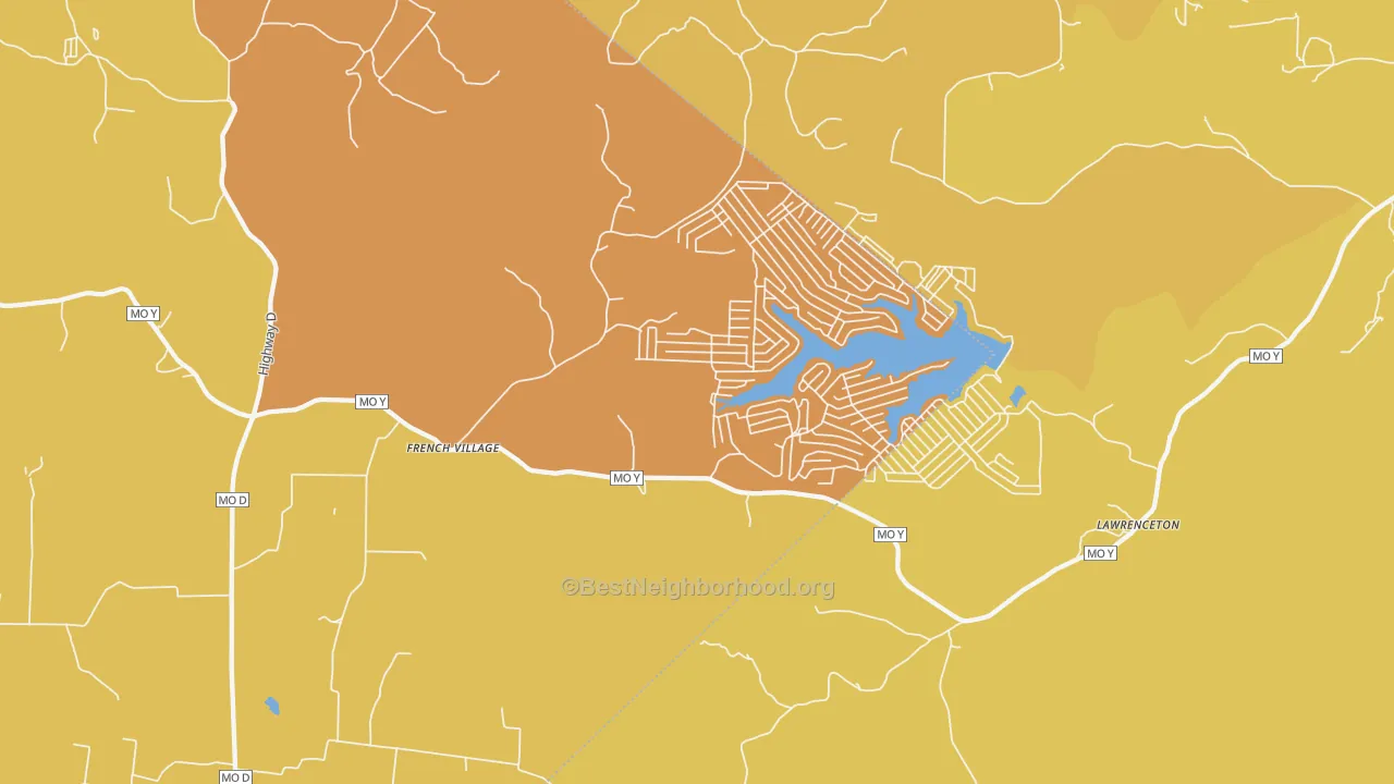 Map of the best neighborhoods in the 63036 area, with better matches in green and worse matches in red