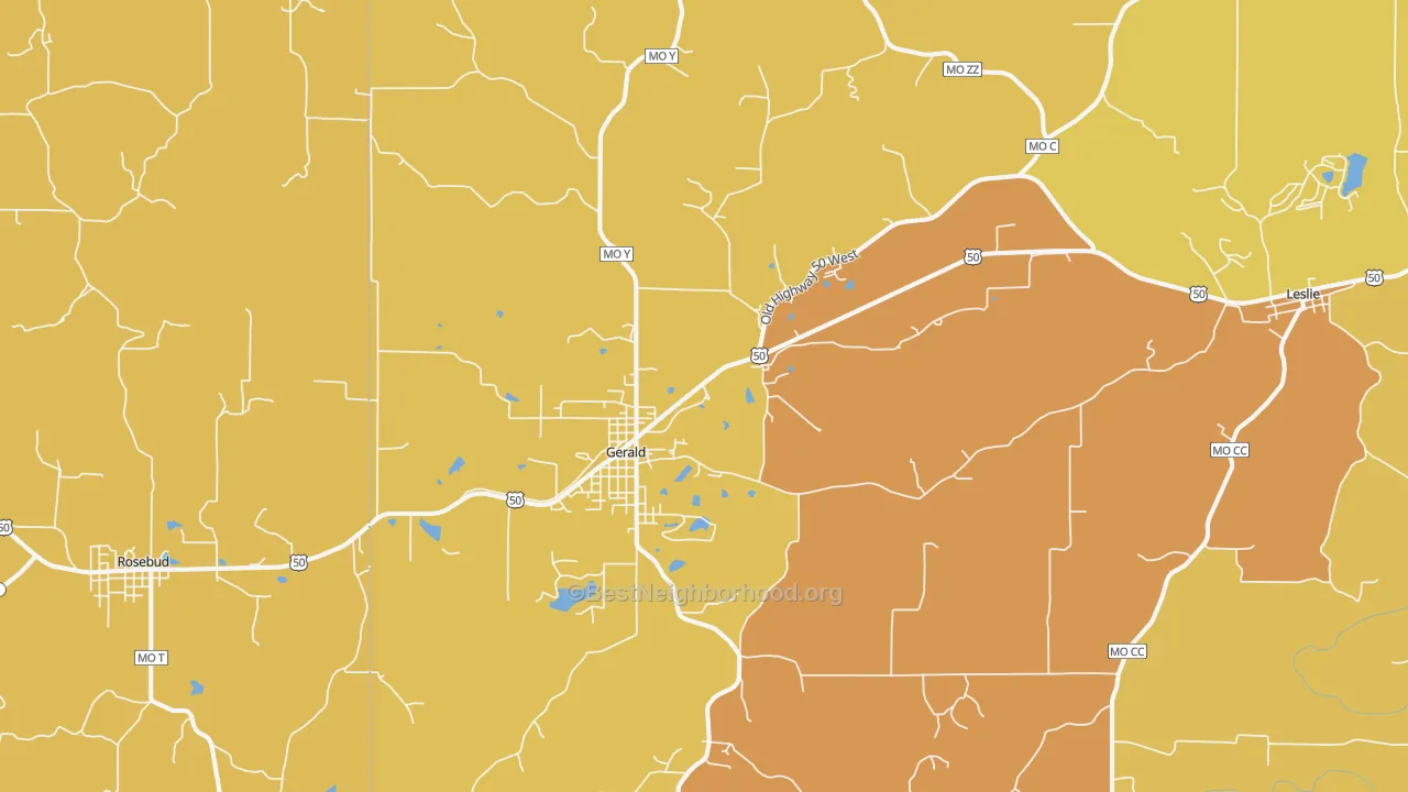 Map of the best neighborhoods in the 63037 area, with better matches in green and worse matches in red