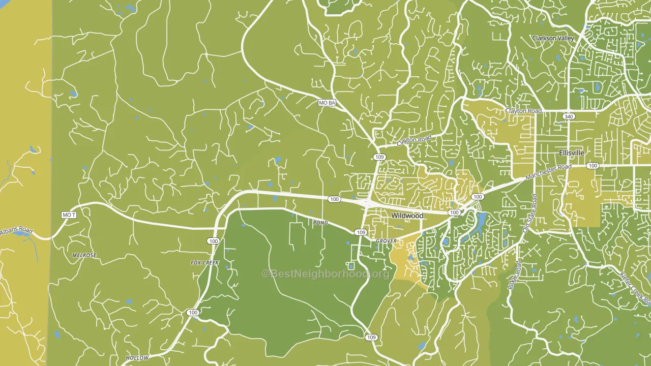 Map of the best neighborhoods in the 63038 area, with better matches in green and worse matches in red