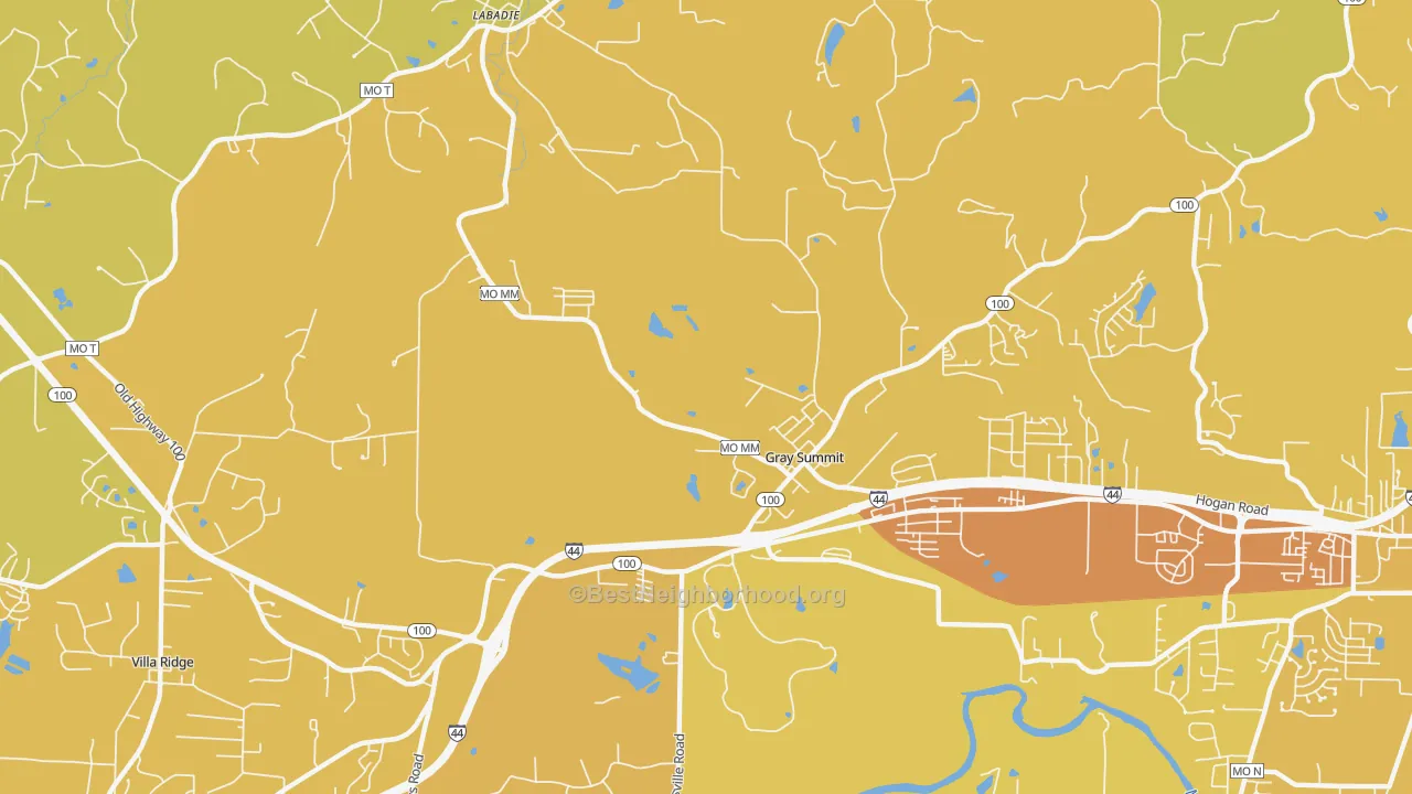 Map of the best neighborhoods in the 63039 area, with better matches in green and worse matches in red