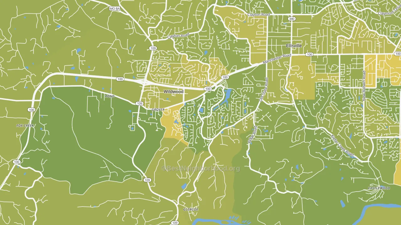 Map of the best neighborhoods in the 63040 area, with better matches in green and worse matches in red