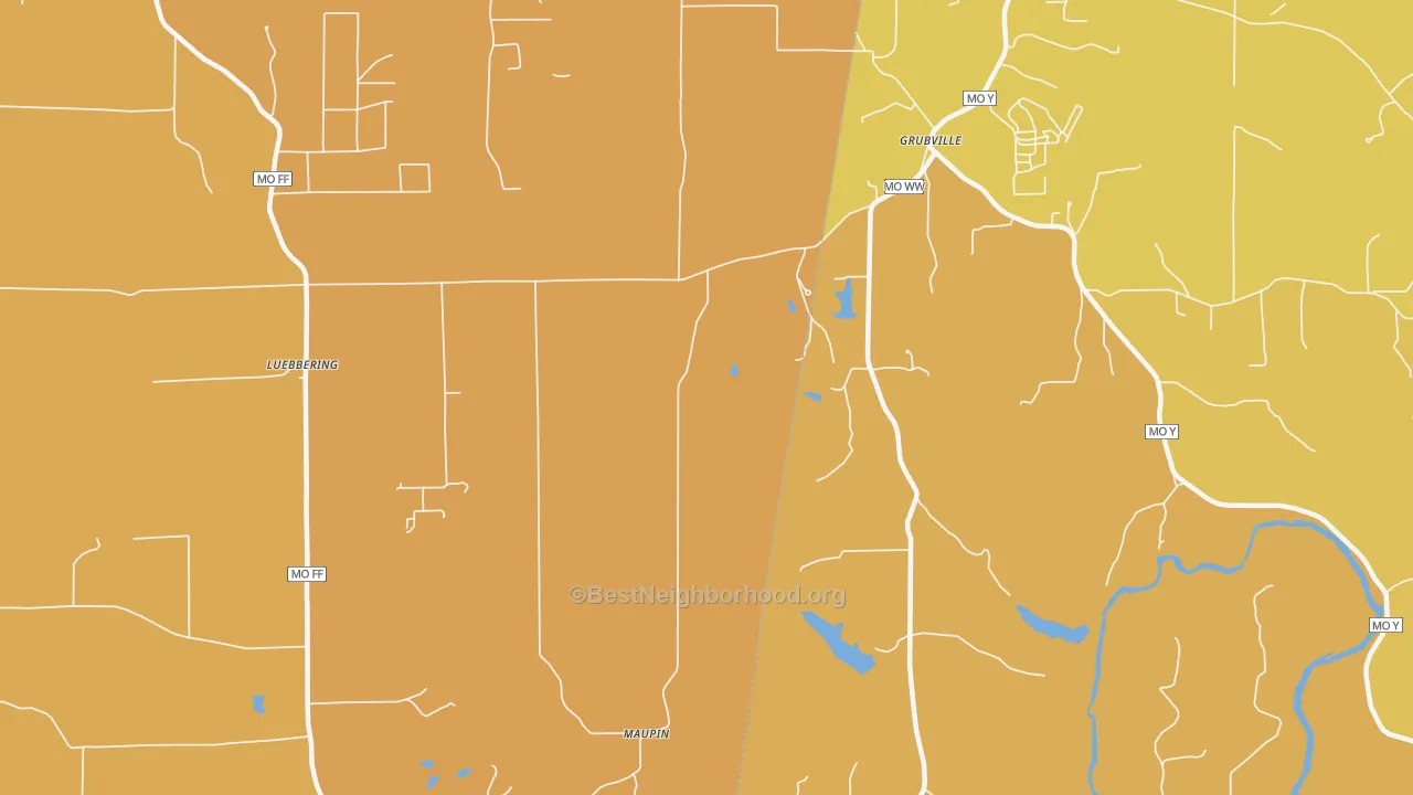 Map of the best neighborhoods in the 63041 area, with better matches in green and worse matches in red