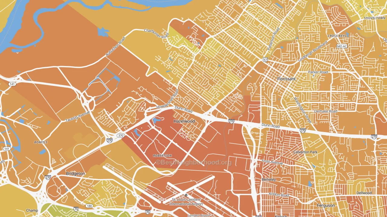Map of the best neighborhoods in the 63042 area, with better matches in green and worse matches in red