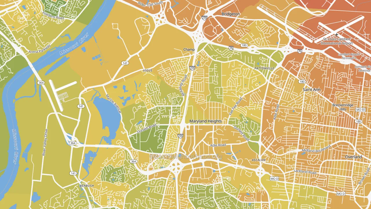 Map of the best neighborhoods in the 63043 area, with better matches in green and worse matches in red
