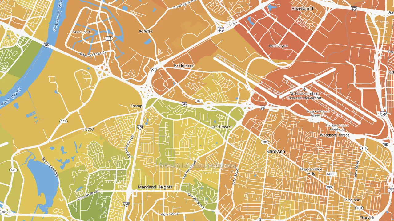 Map of the best neighborhoods in the 63044 area, with better matches in green and worse matches in red