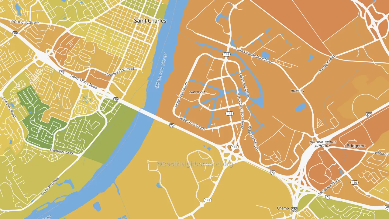 Map of the best neighborhoods in the 63045 area, with better matches in green and worse matches in red