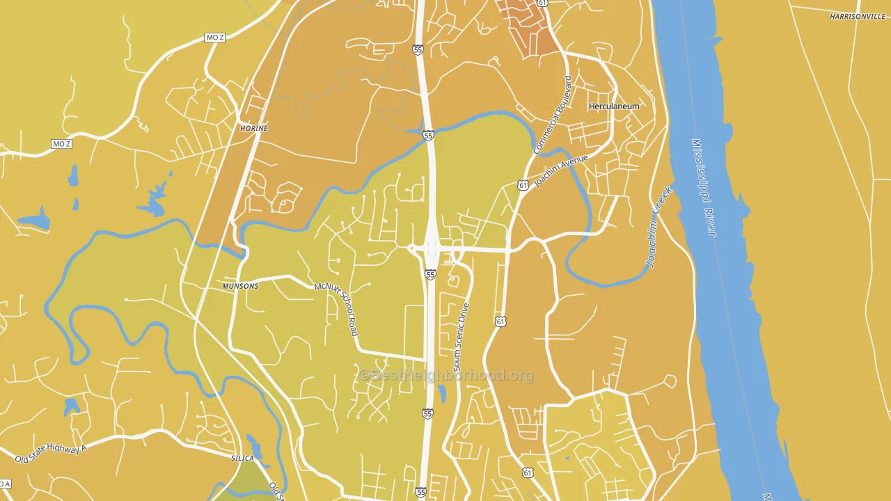 Map of the best neighborhoods in the 63048 area, with better matches in green and worse matches in red