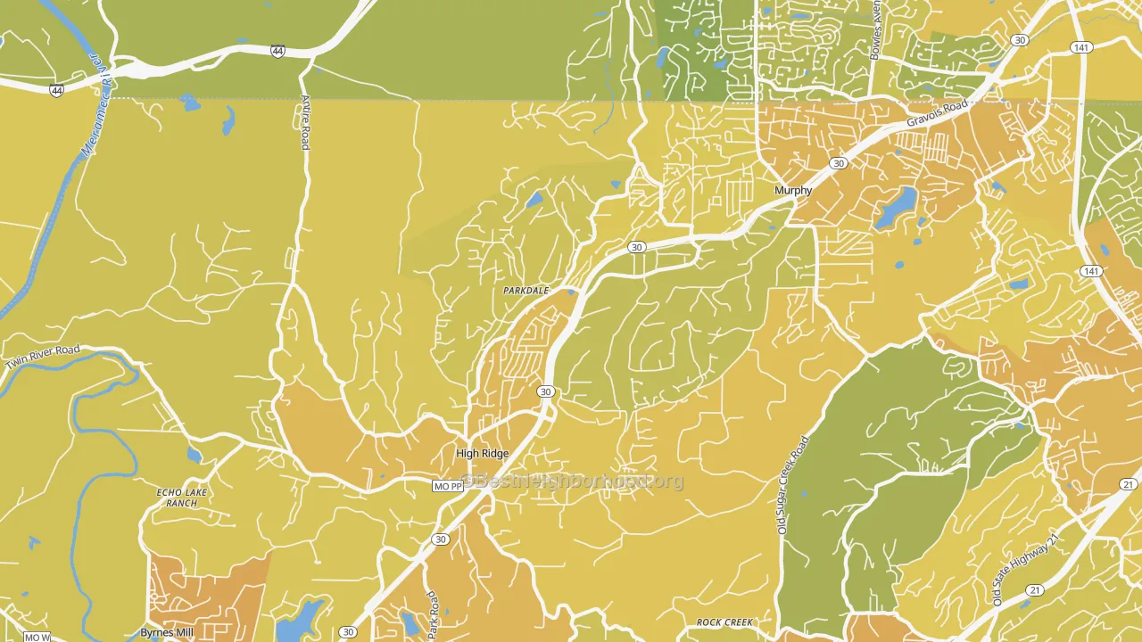 Map of the best neighborhoods in the 63049 area, with better matches in green and worse matches in red