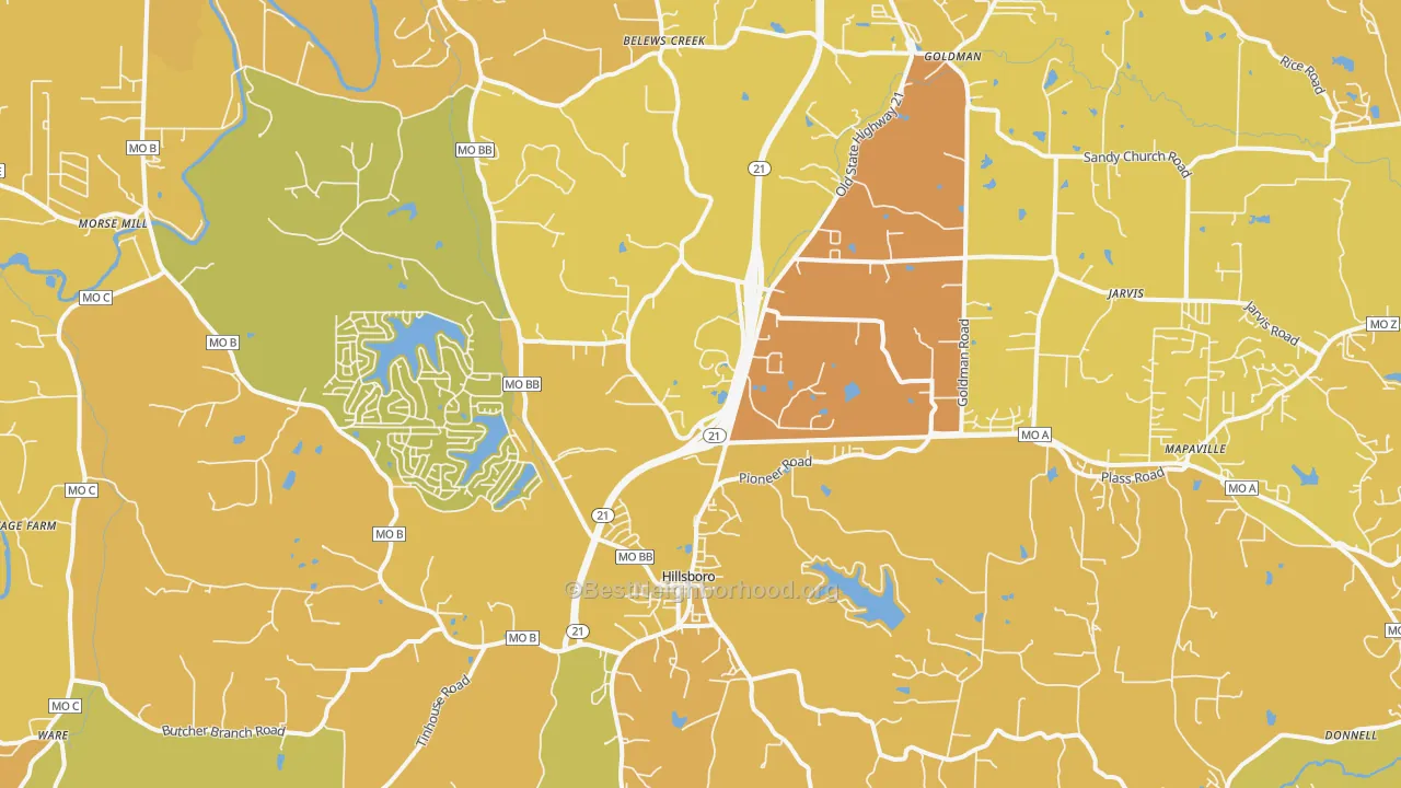 Map of the best neighborhoods in the 63050 area, with better matches in green and worse matches in red