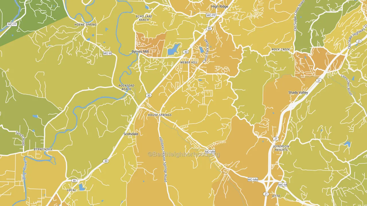 Map of the best neighborhoods in the 63051 area, with better matches in green and worse matches in red