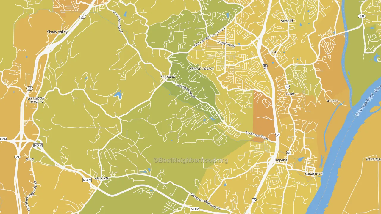 Map of the best neighborhoods in the 63052 area, with better matches in green and worse matches in red
