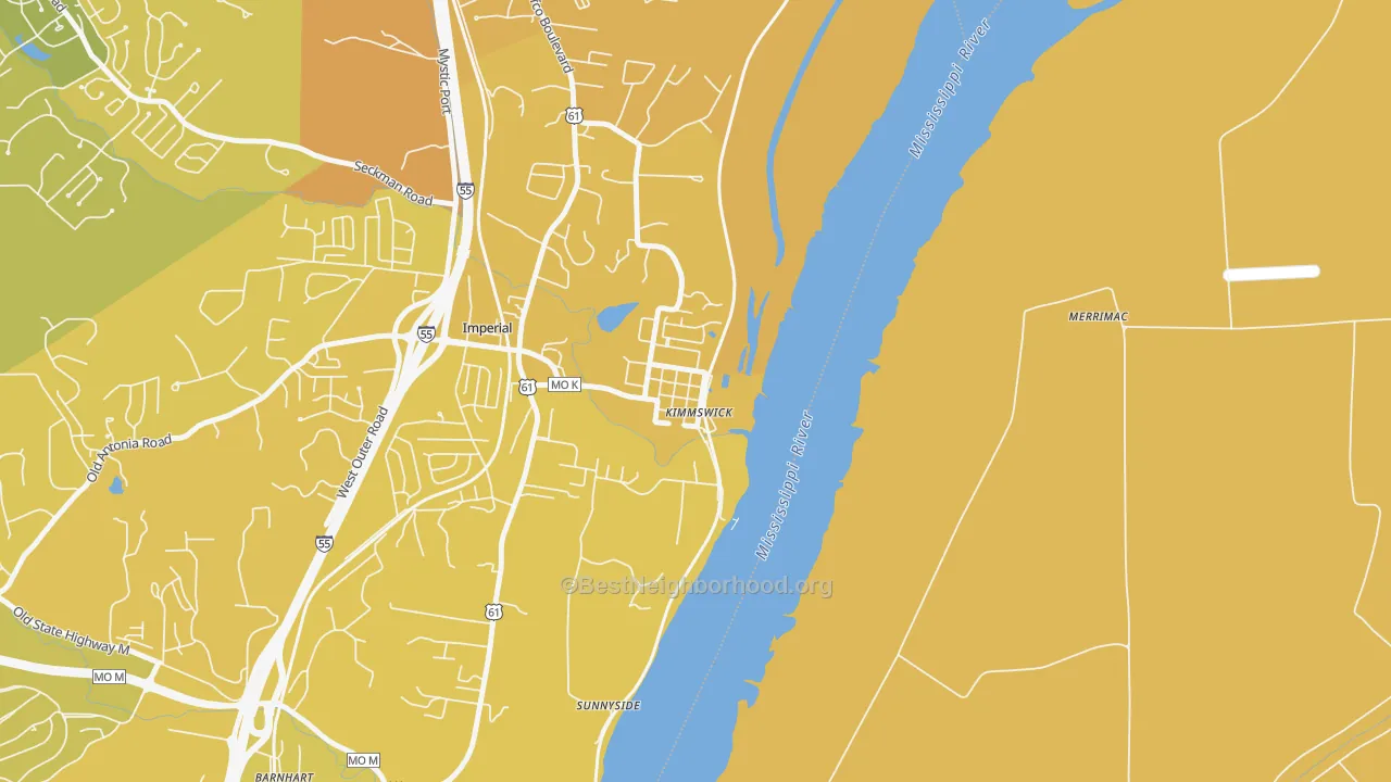 Map of the best neighborhoods in the 63053 area, with better matches in green and worse matches in red