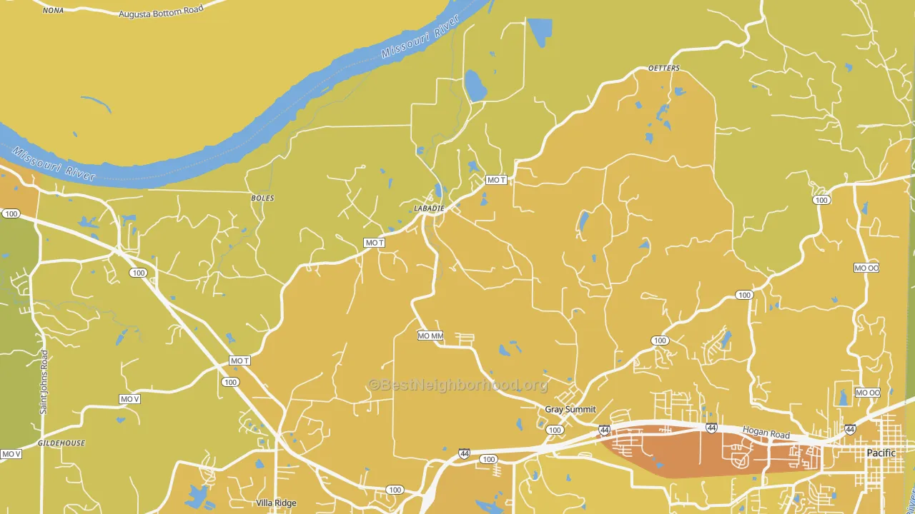 Map of the best neighborhoods in the 63055 area, with better matches in green and worse matches in red