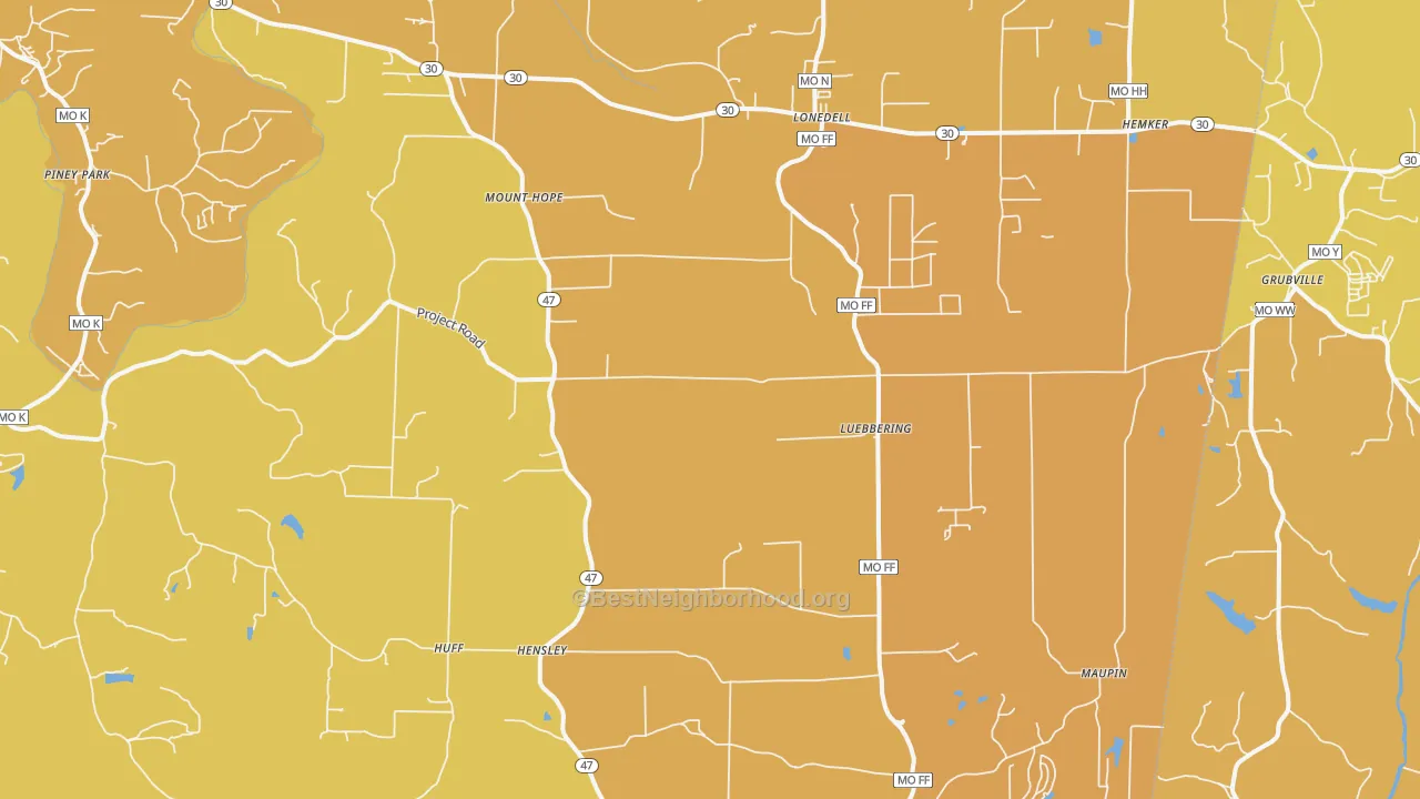 Map of the best neighborhoods in the 63060 area, with better matches in green and worse matches in red