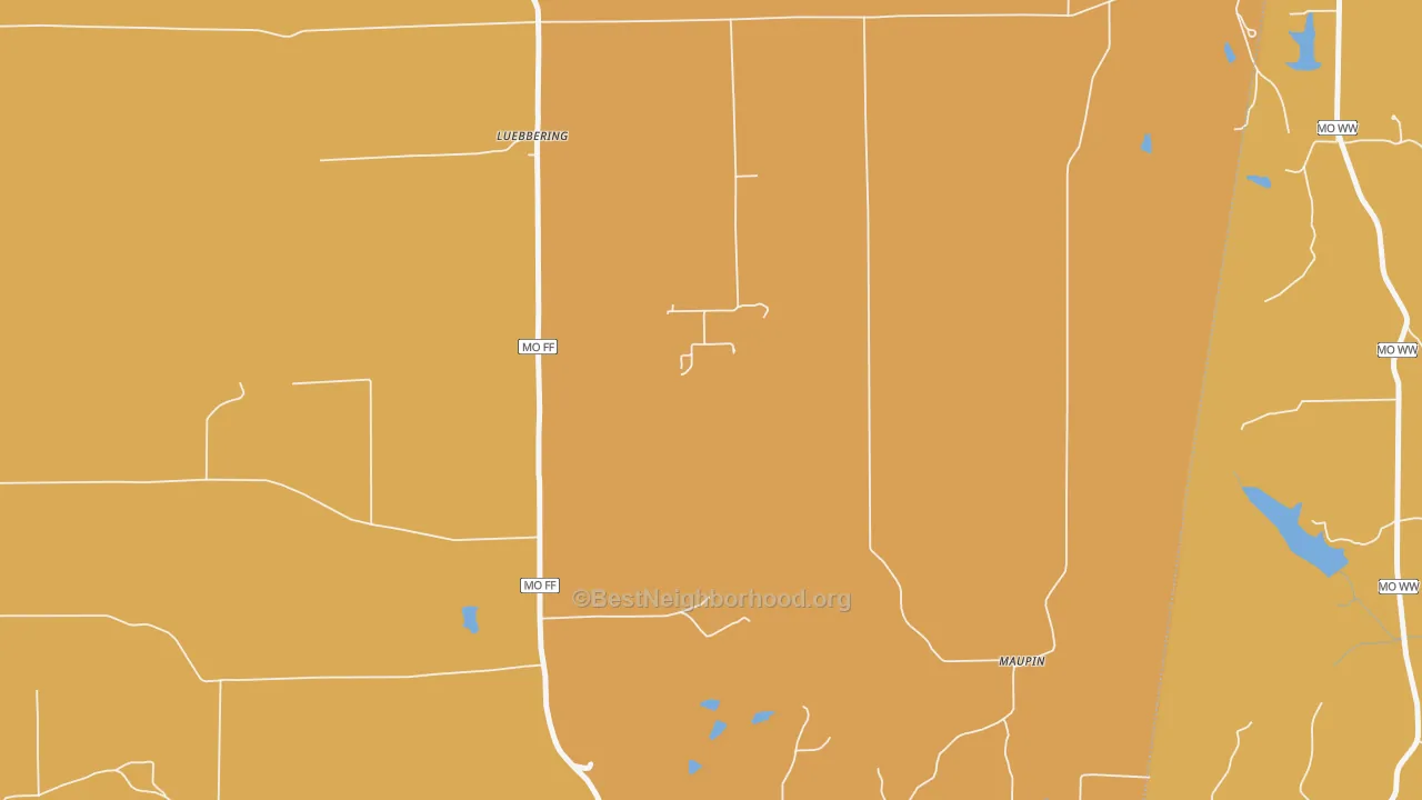 Map of the best neighborhoods in the 63061 area, with better matches in green and worse matches in red