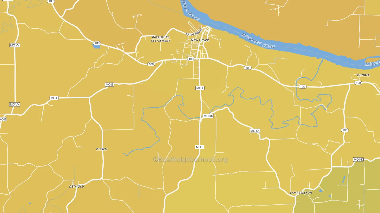 Map of the best neighborhoods in the 63068 area, with better matches in green and worse matches in red