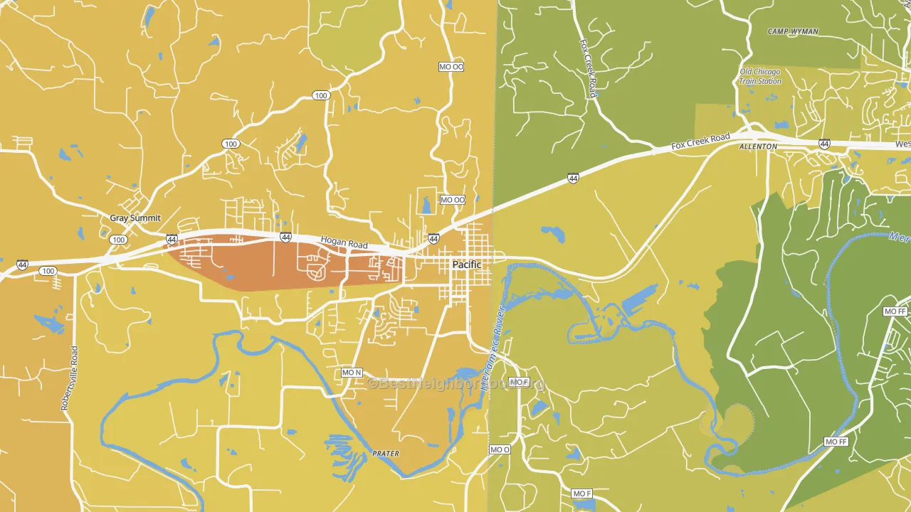 Map of the best neighborhoods in the 63069 area, with better matches in green and worse matches in red