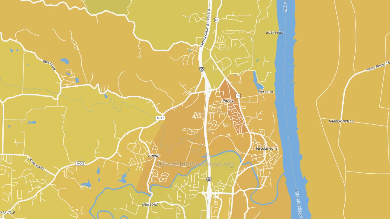 Map of the best neighborhoods in the 63070 area, with better matches in green and worse matches in red