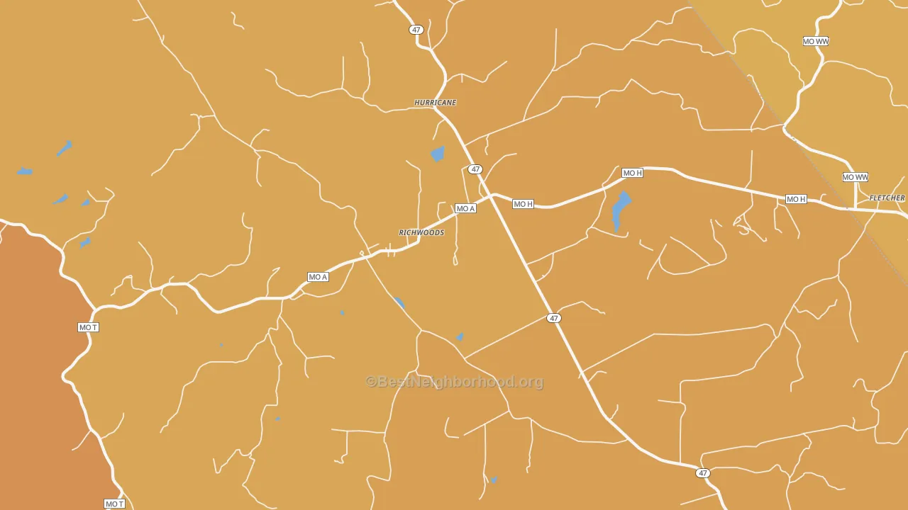 Map of the best neighborhoods in the 63071 area, with better matches in green and worse matches in red