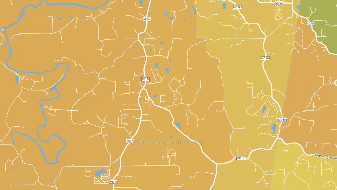 Map of the best neighborhoods in the 63072 area, with better matches in green and worse matches in red