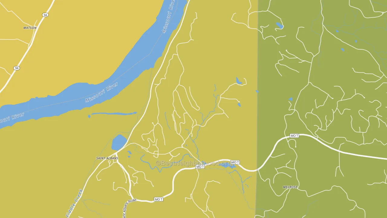Map of the best neighborhoods in the 63073 area, with better matches in green and worse matches in red