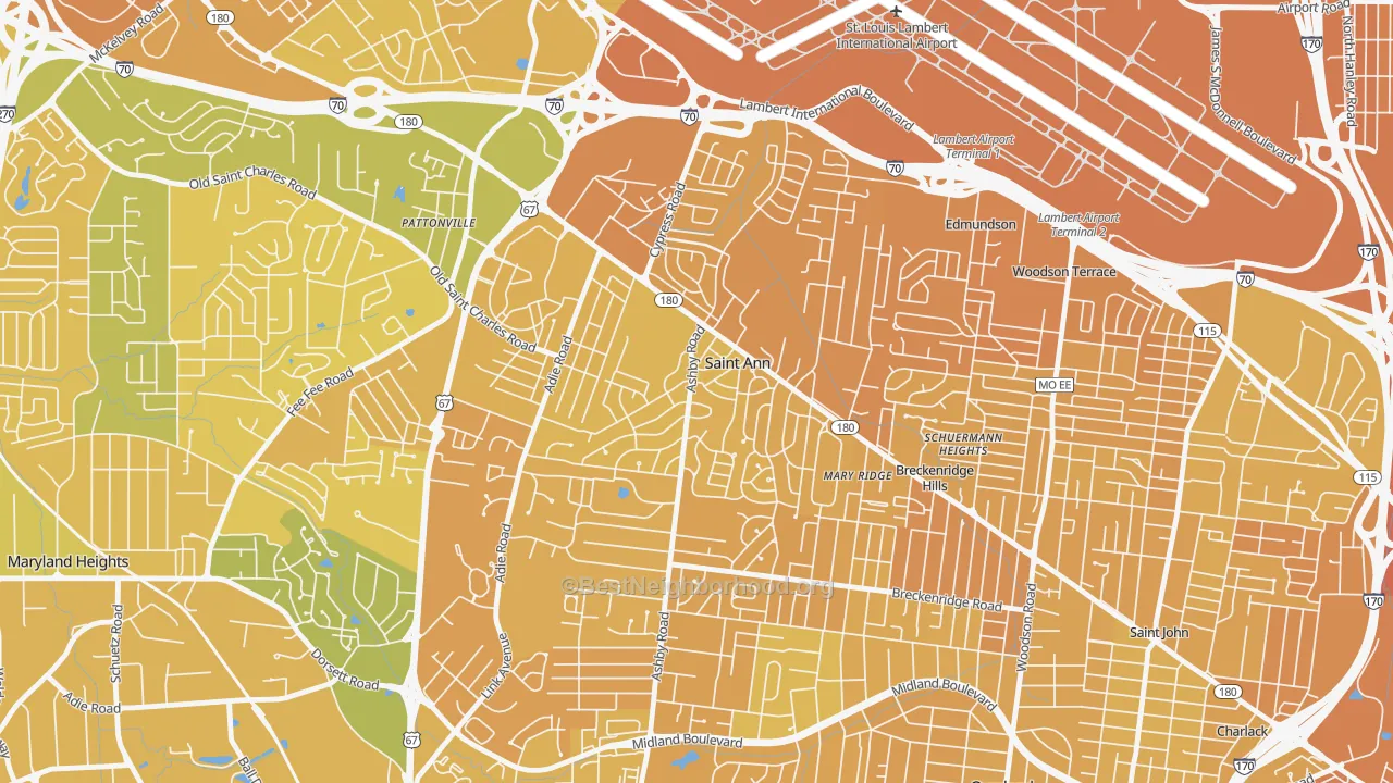 Map of the best neighborhoods in the 63074 area, with better matches in green and worse matches in red