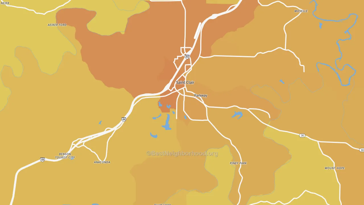 Map of the best neighborhoods in the 63077 area, with better matches in green and worse matches in red