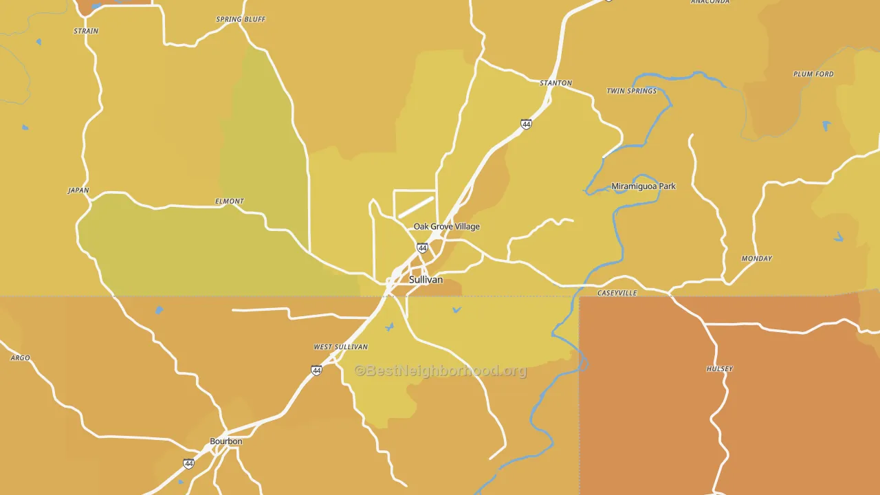 Map of the best neighborhoods in the 63080 area, with better matches in green and worse matches in red