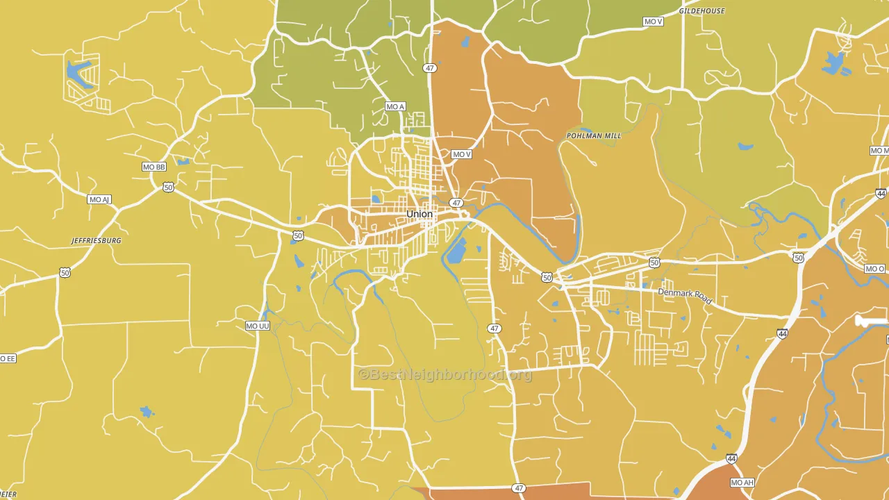 Map of the best neighborhoods in the 63084 area, with better matches in green and worse matches in red