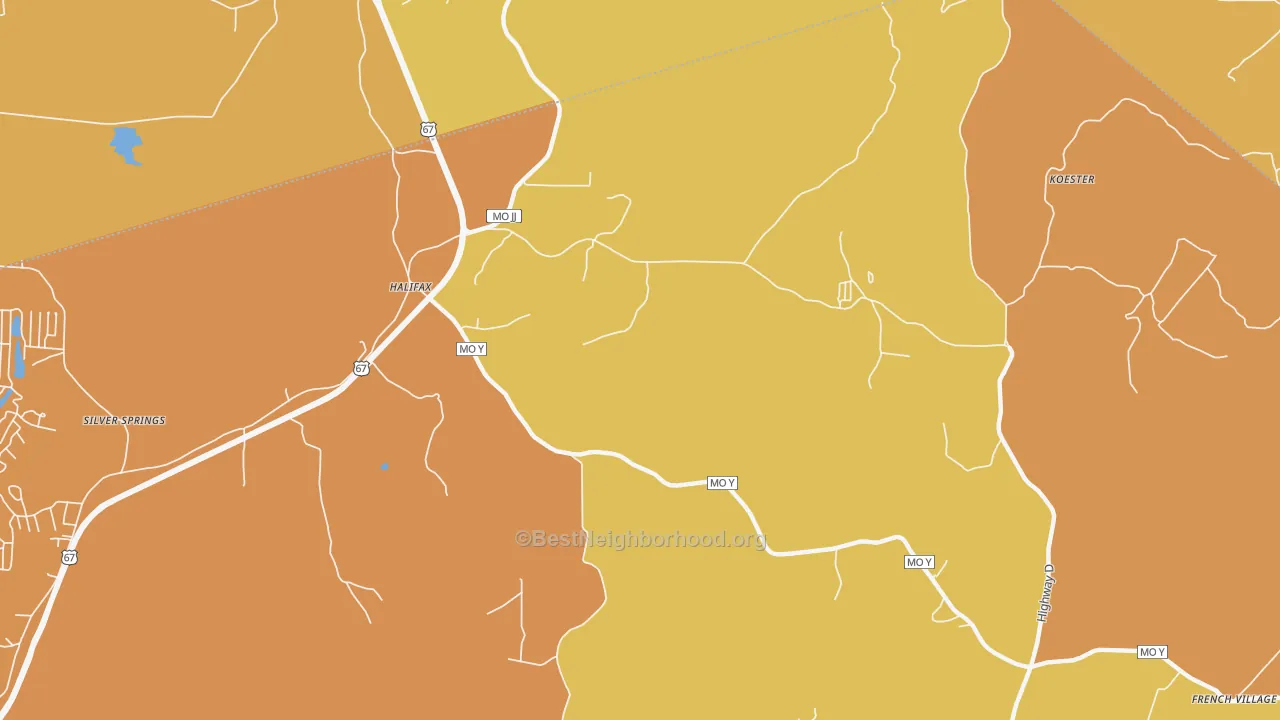 Map of the best neighborhoods in the 63087 area, with better matches in green and worse matches in red