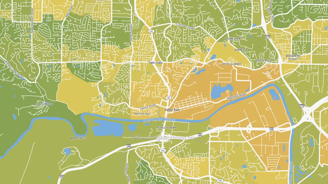 Map of the best neighborhoods in the 63088 area, with better matches in green and worse matches in red